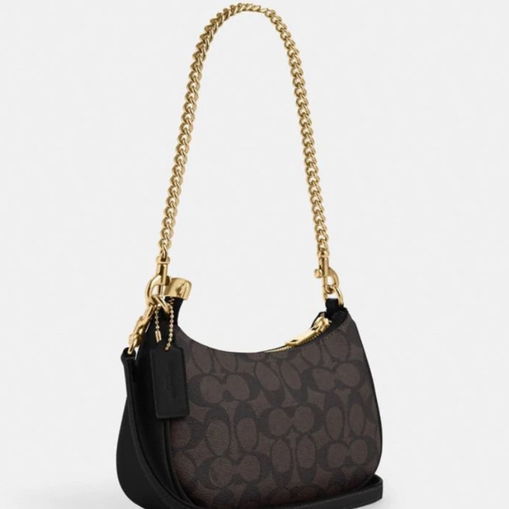Coach Signature Canvas Gold/Walnut/Black Mini Teri Shoulder Bag - Picture 2 of 14